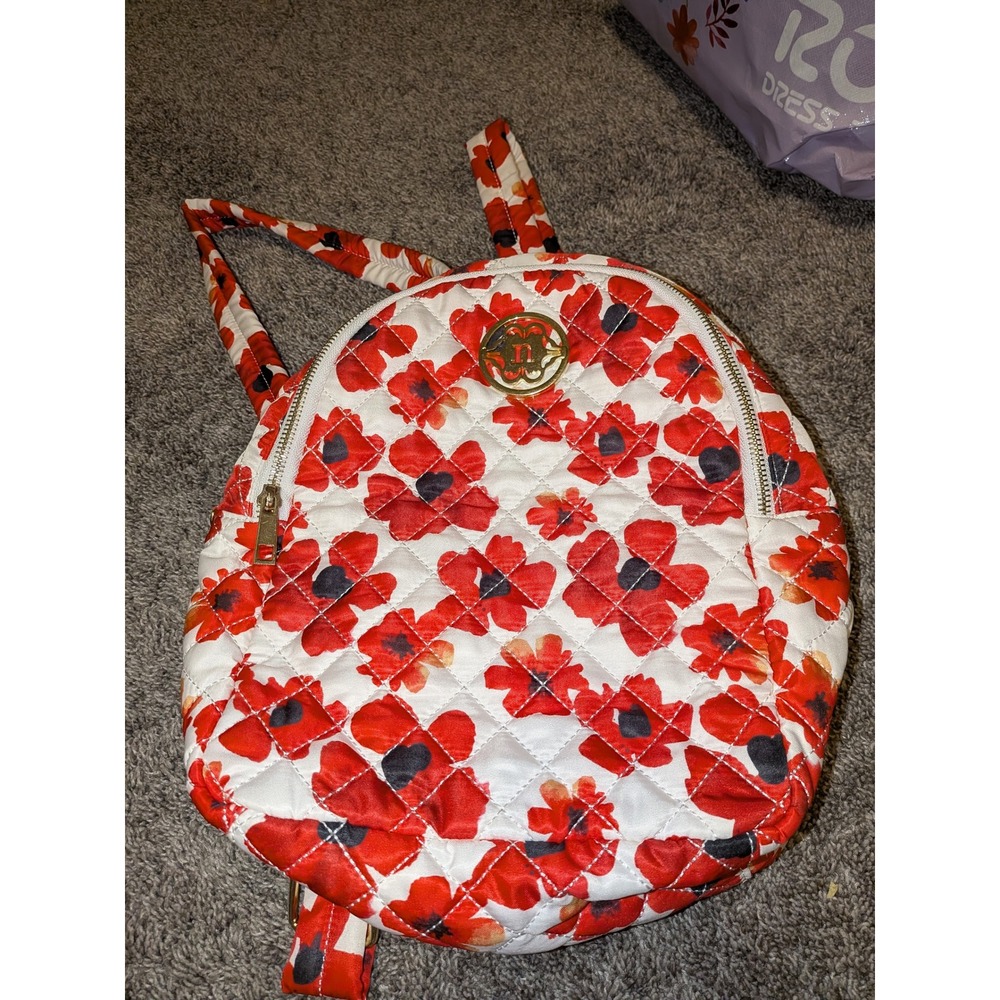 Nanette Lepore Mini Backpack Red Poppy Floral Quilted Satin Gold Logo Bag